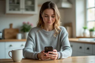 Femme consultant son compte bancaire Crédit Maritime Grand Ouest sur smartphone depuis sa cuisine