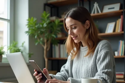 Femme accédant à son compte bancaire en ligne depuis un bureau à domicile avec laptop et smartphone