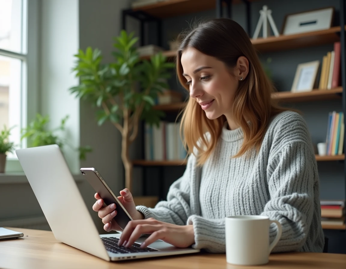 Femme accédant à son compte bancaire en ligne depuis un bureau à domicile avec laptop et smartphone