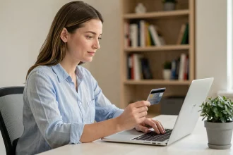 Femme activant une carte bancaire virtuelle Virtualis CMB sur son ordinateur portable à domicile