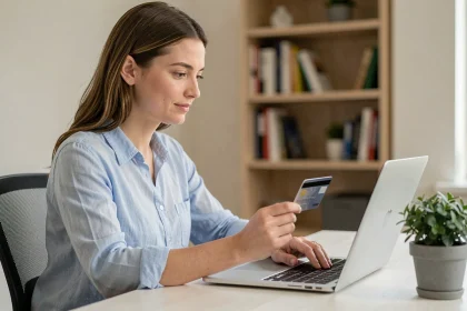 Femme activant une carte bancaire virtuelle Virtualis CMB sur son ordinateur portable à domicile