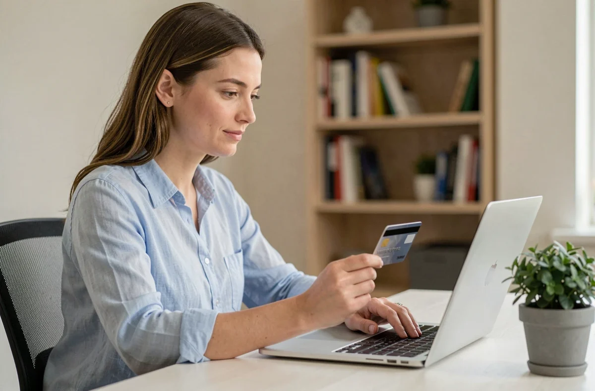 Femme activant une carte bancaire virtuelle Virtualis CMB sur son ordinateur portable à domicile