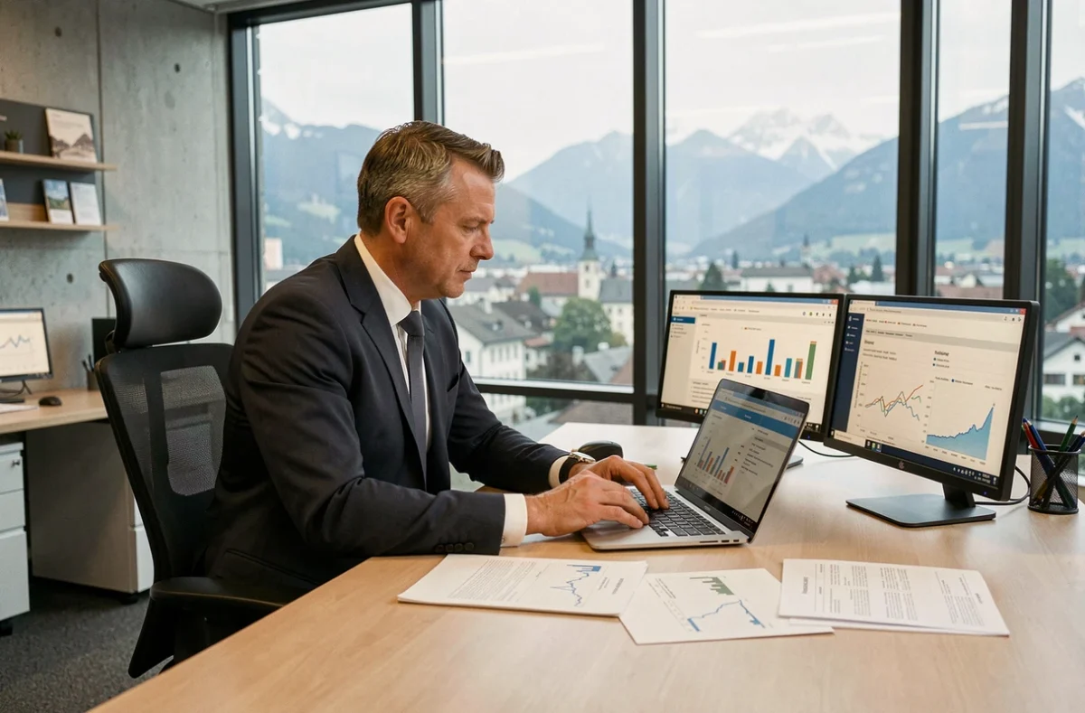 Administrateur de santé suisse analysant des données salariales sur ordinateur dans un bureau moderne