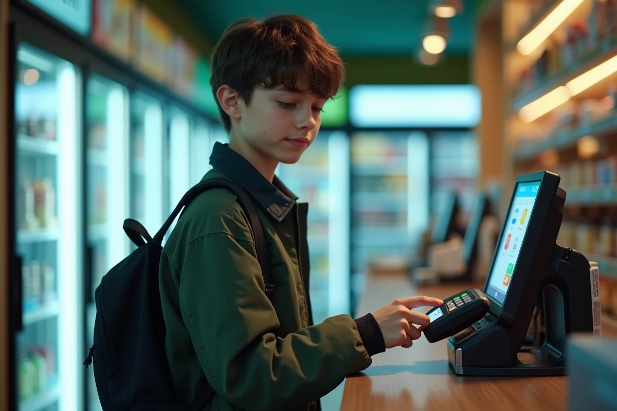 Adolescent utilisant une carte prépayée en paiement sans contact dans une épicerie urbaine moderne pour gérer son budget autonome