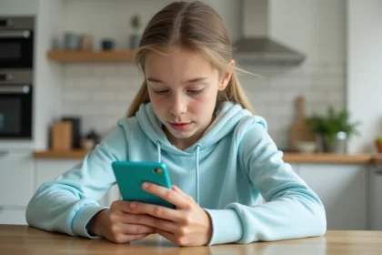 Adolescente tenant une carte bancaire prépayée Pixpay en consultant une application de gestion de budget sur smartphone dans une cuisine moderne