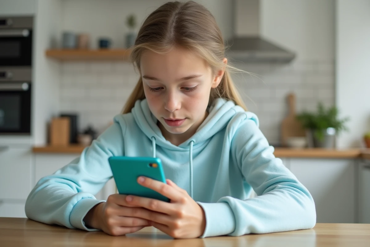 Adolescente tenant une carte bancaire prépayée Pixpay en consultant une application de gestion de budget sur smartphone dans une cuisine moderne