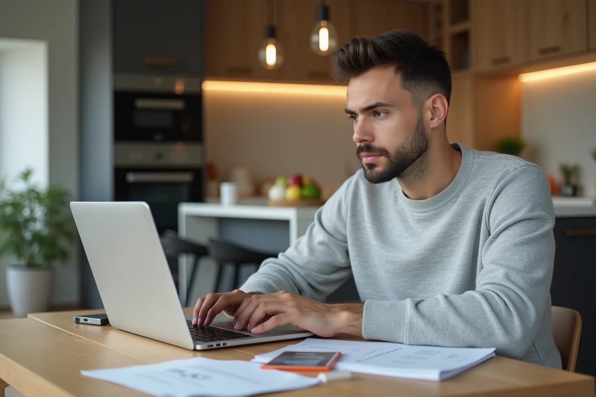 Jeune homme vérifiant son affiliation à un régime social en ligne depuis son domicile avec des documents officiels