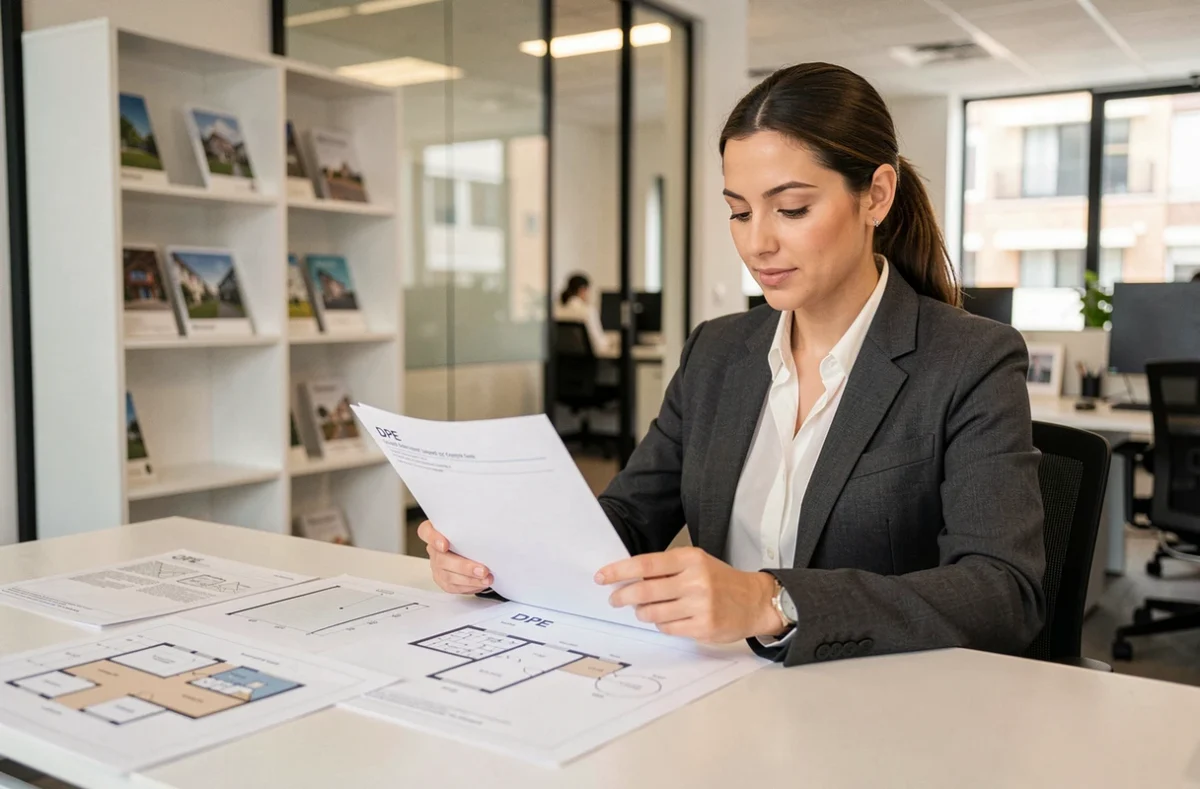 Agente immobiliere analysant un dossier de diagnostics obligatoires dans une agence immobiliere moderne