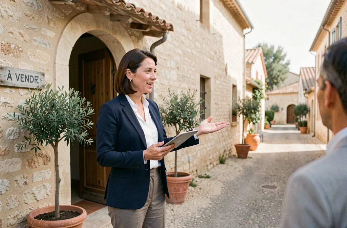 Agente immobilière présentant une villa provençale à vendre sur le marché des résidences secondaires