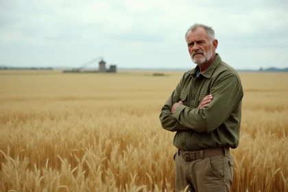 Agriculteur français inquiet au bord d'un champ de blé doré en fin d'été, symbolisant les incertitudes sur le prix du quintal de blé fermage 2026