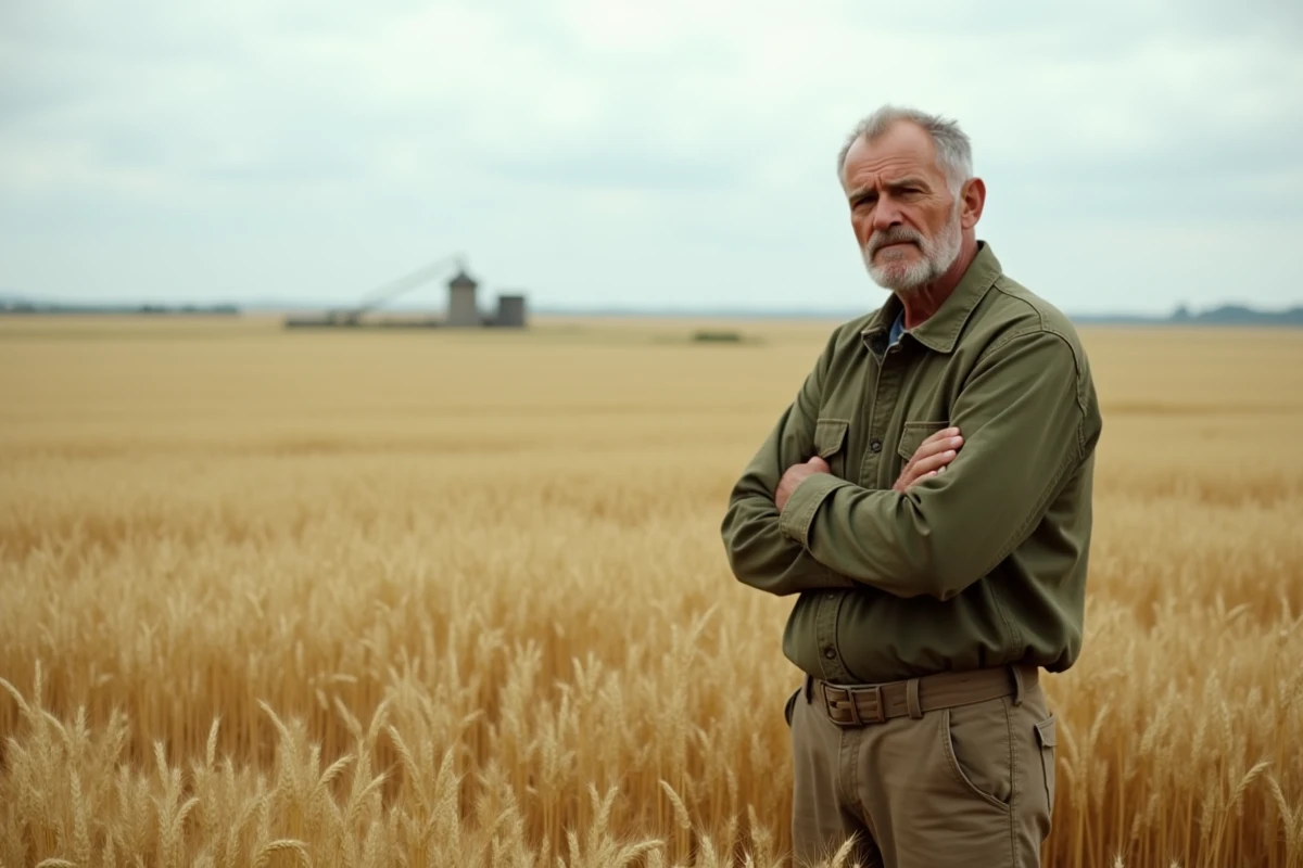 Agriculteur français inquiet au bord d'un champ de blé doré en fin d'été, symbolisant les incertitudes sur le prix du quintal de blé fermage 2026