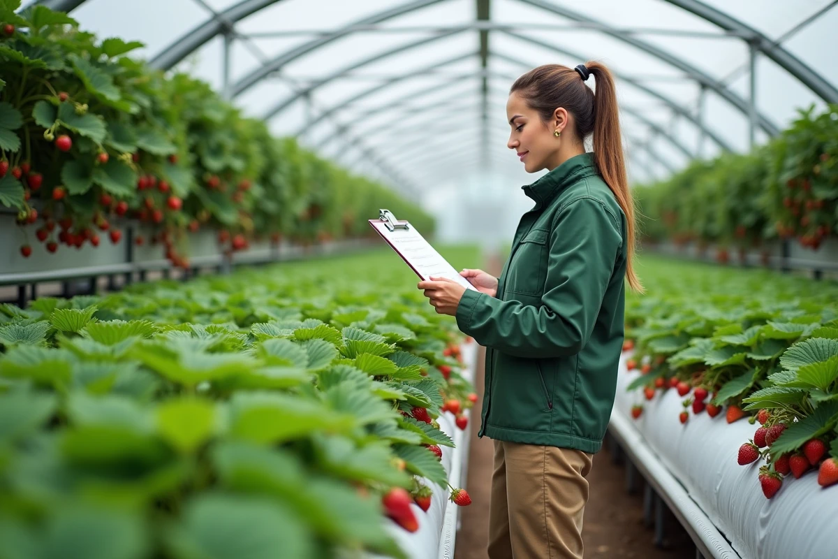 Agronome analysant les rendements dans une serre de fraises en culture hydroponique intensive
