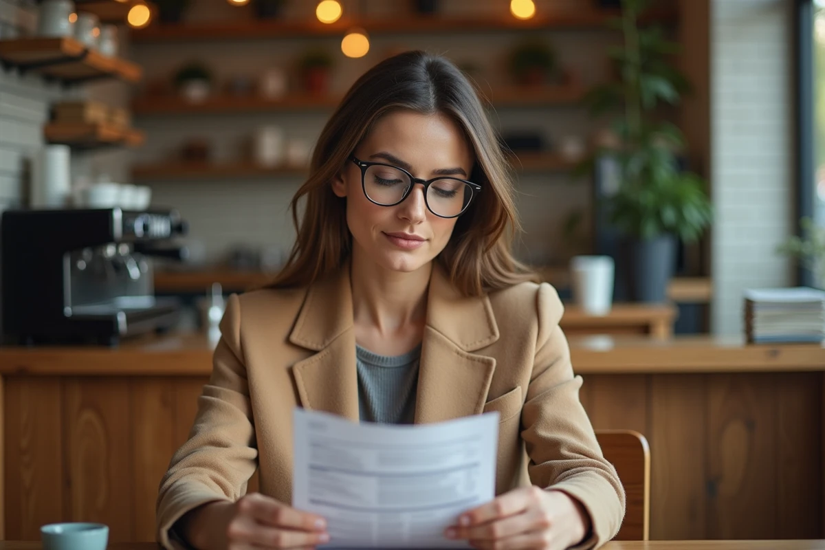 Femme en manteau camel analysant ses cartes bancaires Gold et Visa dans un café urbain
