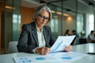 Femme cadre analysant des graphiques économiques dans un bureau moderne, illustration des enjeux de l'actualité économique