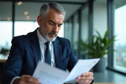 Conseiller en épargne salariale analysant des documents financiers dans un bureau moderne, comparaison de frais et performances Epsens