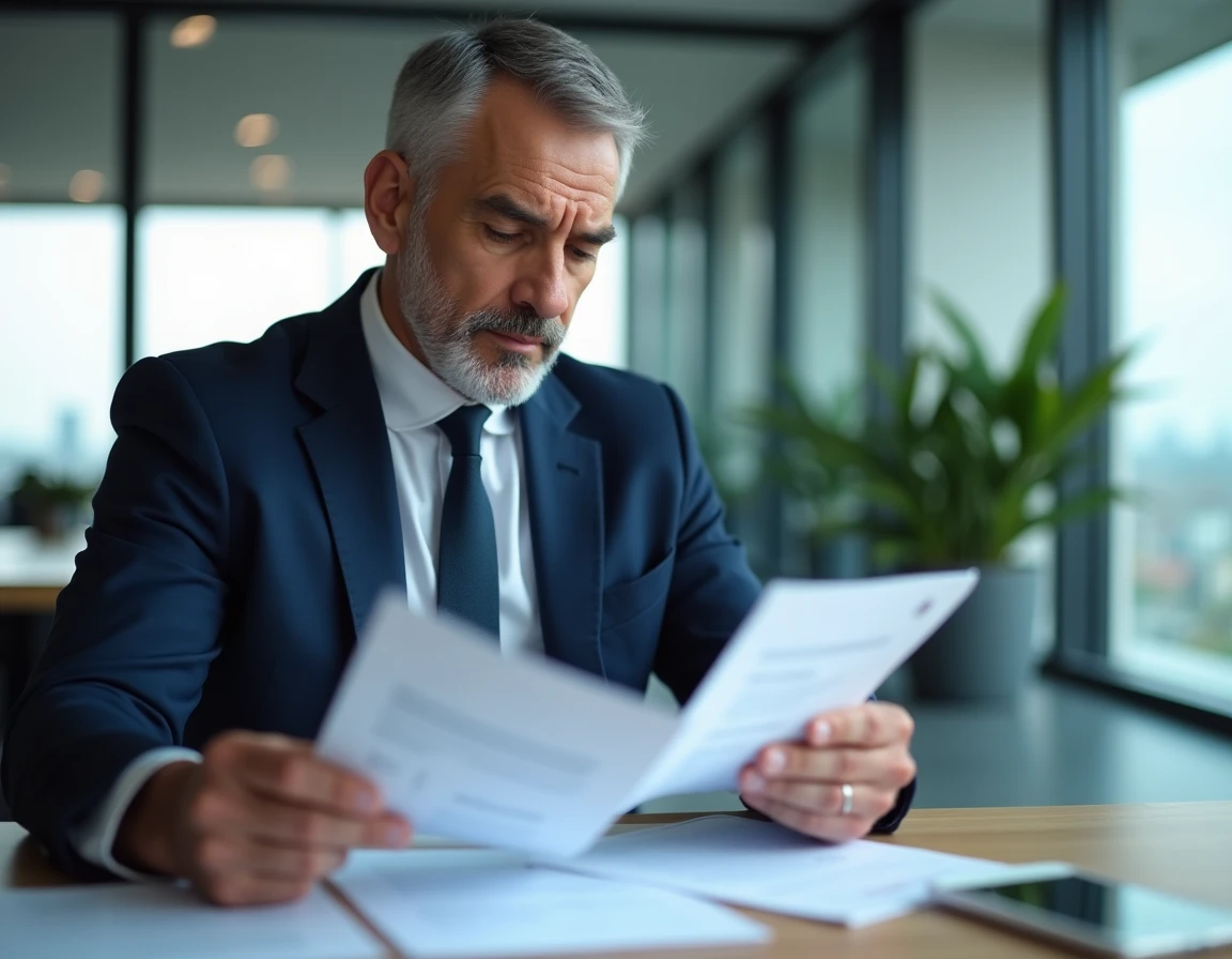 Conseiller en épargne salariale analysant des documents financiers dans un bureau moderne, comparaison de frais et performances Epsens