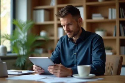 Homme analysant des projections financières sur tablette dans un bureau minimaliste, illustrant la simulation de rendement Bitstack sur le long terme