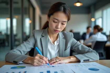 Jeune femme en blazer gris analysant des graphiques de taux d'évolution avec des notes mathématiques sur un bureau en bois dans un bureau moderne