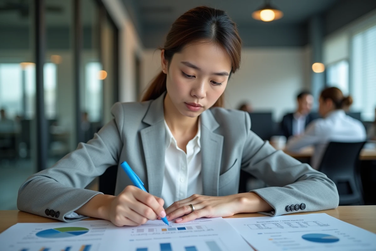 Jeune femme en blazer gris analysant des graphiques de taux d'évolution avec des notes mathématiques sur un bureau en bois dans un bureau moderne