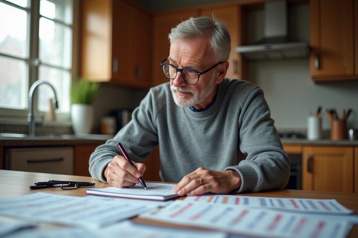 Homme analysant les derniers tirages Euromillions avec des feuilles de résultats et un cahier de statistiques sur une table en bois