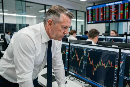 Analyste financier étudiant des graphiques boursiers en baisse sur plusieurs écrans dans une salle de marchés moderne