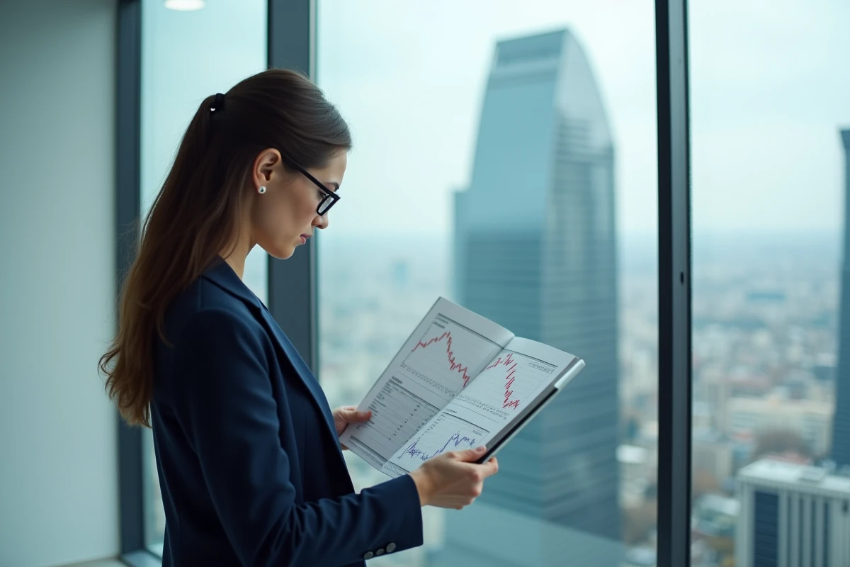 Analyste financière étudiant les données du CAC 40 avant l'ouverture de séance dans un bureau de La Défense