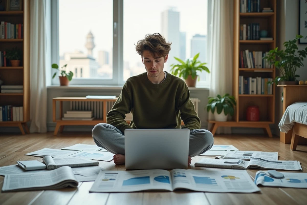 Jeune analyste des médias entouré d'ordinateurs et de journaux papier étudiant la transformation numérique de l'information