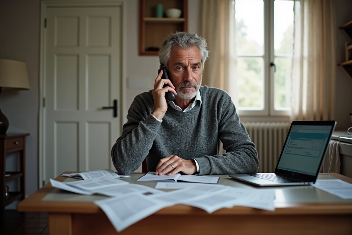 Un homme appelle La Banque Postale en urgence depuis chez lui entouré de documents financiers