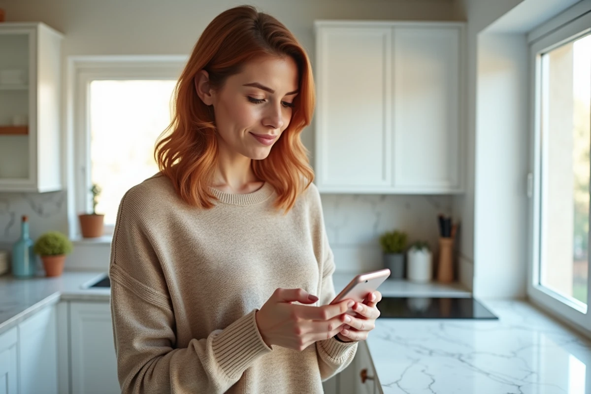 Femme gérant son contrat d'assurance via une application mobile dans une cuisine moderne