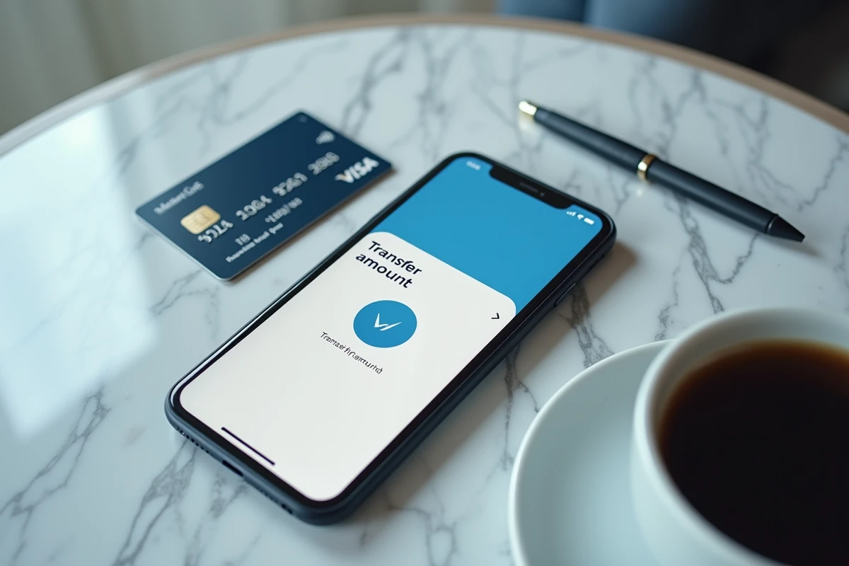 Smartphone affichant une application bancaire mobile pour effectuer un virement avec montant plafond sur une table en marbre