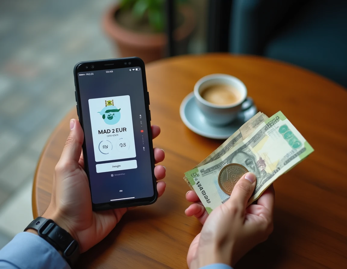 Mains tenant un smartphone avec une application de transfert d'argent dirham vers euro et des billets marocains