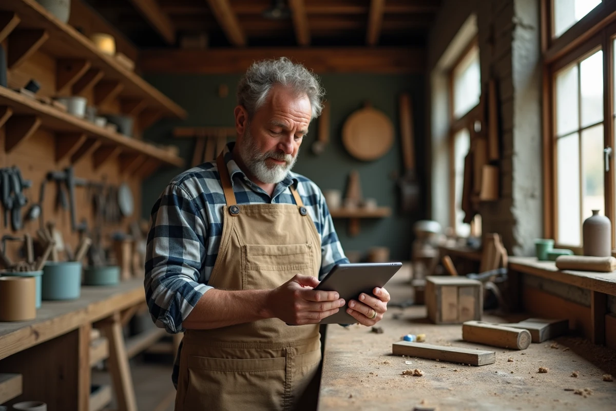 Artisan indépendant consultant une application de retraite sur tablette dans son atelier de travail