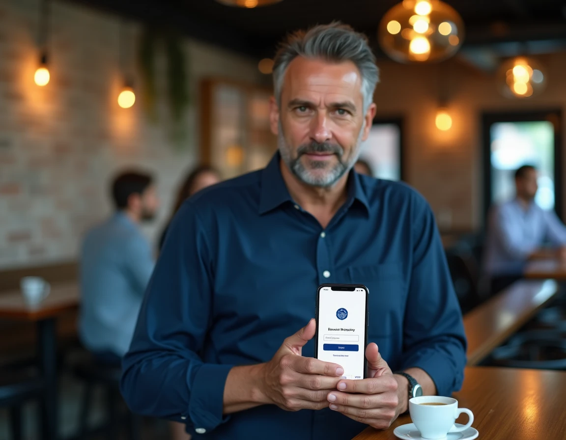 Homme utilisant l'authentification à deux facteurs sur son application bancaire dans un café