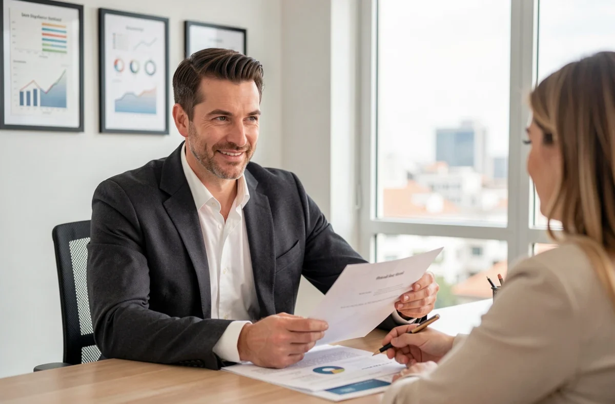 Conseiller d'Avenir Finances et Patrimoine en réunion avec des clients dans un bureau moderne à Nice