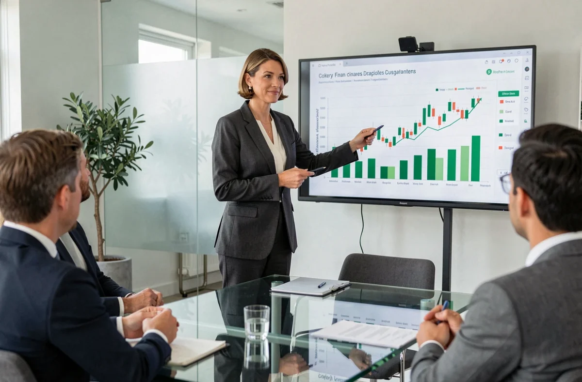 Conseillère de BG2C Finances présentant des graphiques financiers à des clients dans une salle de réunion moderne
