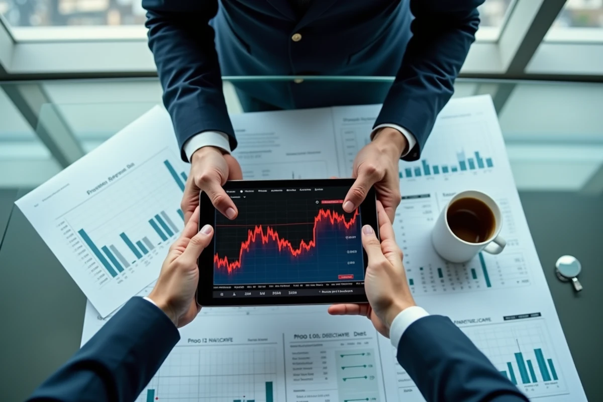 Mains d'un cadre financier analysant les graphiques de l'effondrement du Dow Jones sur tablette