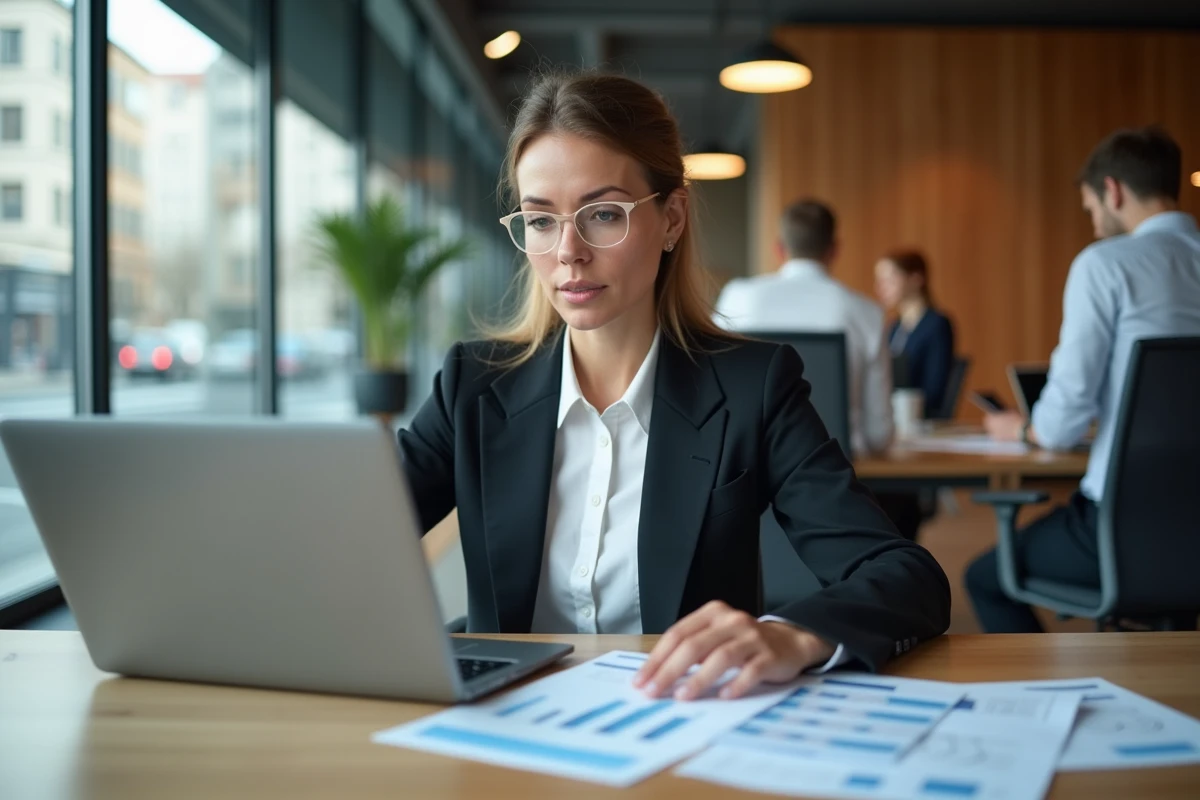 Femme cadre analysant des données salariales sur ordinateur dans un bureau moderne en Suisse, thème des écarts de rémunération entre métiers