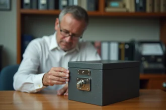 Caisse en métal renforcé avec serrure à combinaison posée sur un bureau en bois dans un bureau arrière de commerce