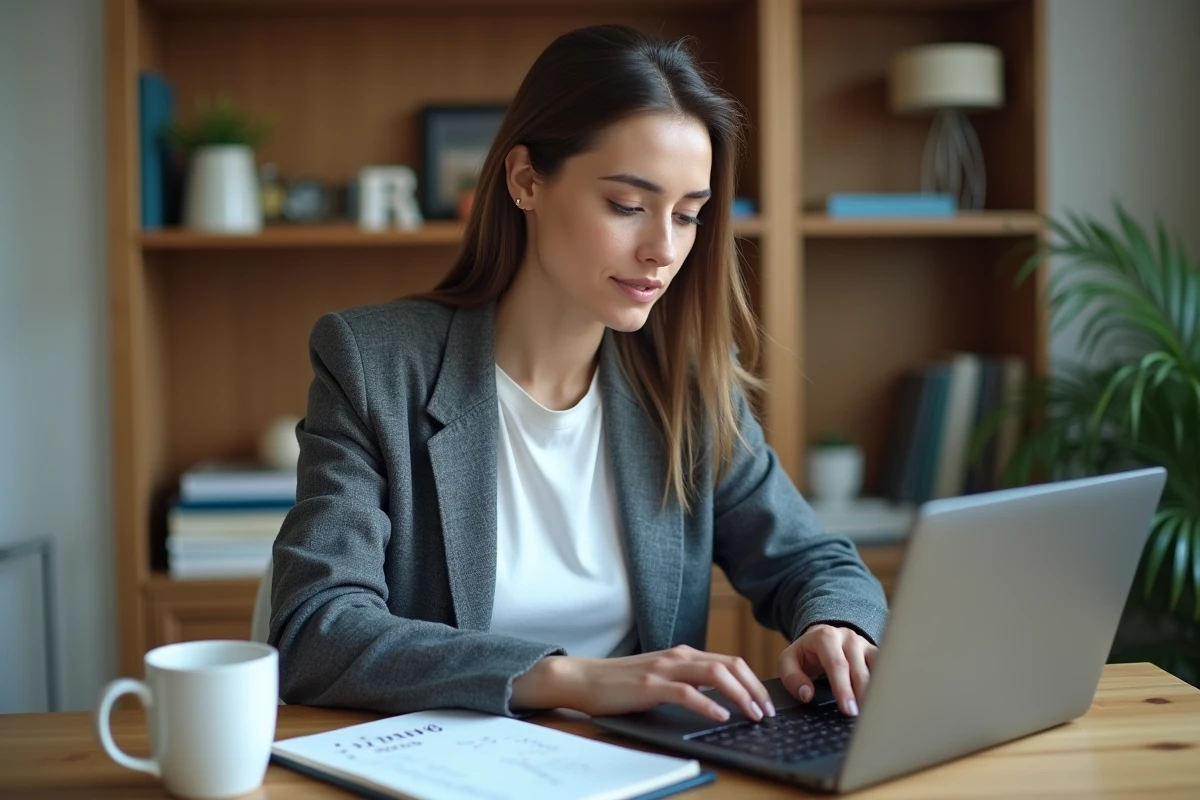Une femme calcule son apport personnel pour financer l'achat d'une voiture depuis son bureau à domicile