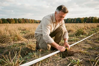 Homme mesurant un terrain agricole avec un mètre ruban pour calculer la surface en ares