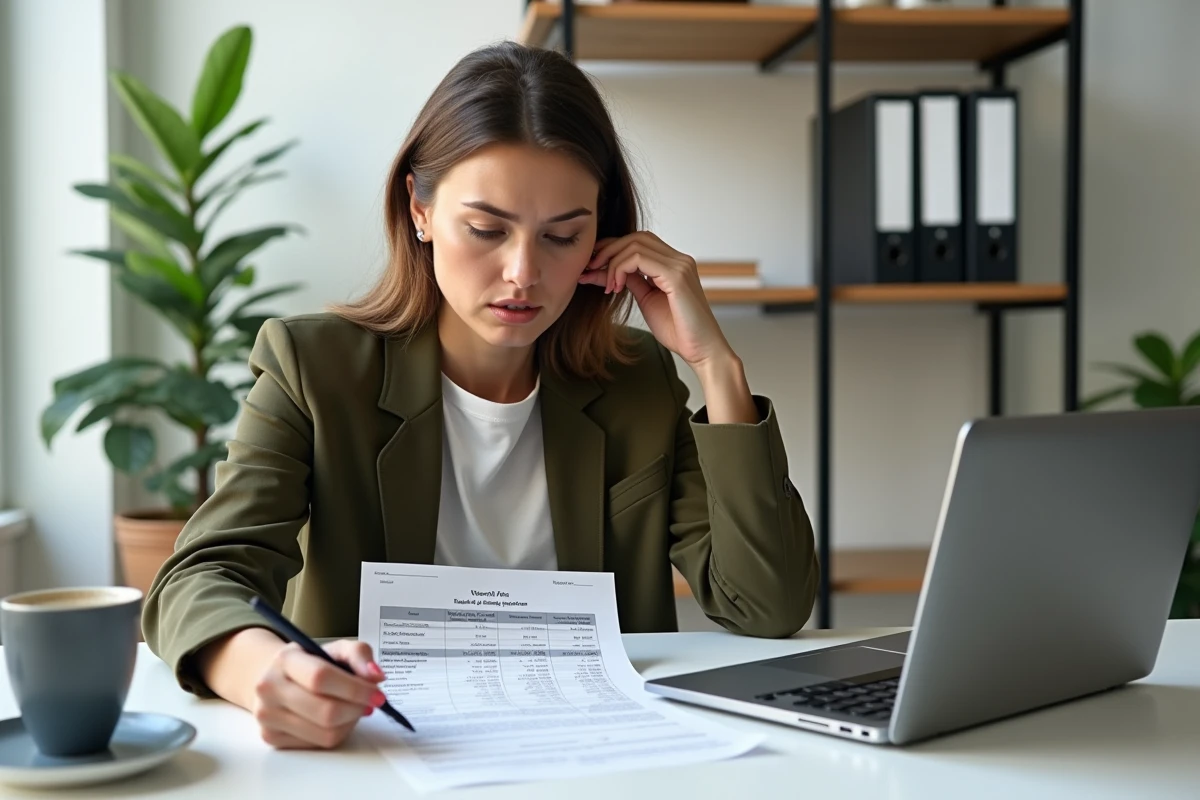 Femme calculant les frais de notaire pour l'achat d'un terrain agricole à domicile