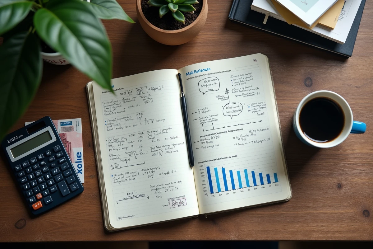 Vue en plongée d'un bureau avec calculs de capitalisation manuscrits, calculatrice et billets en euros