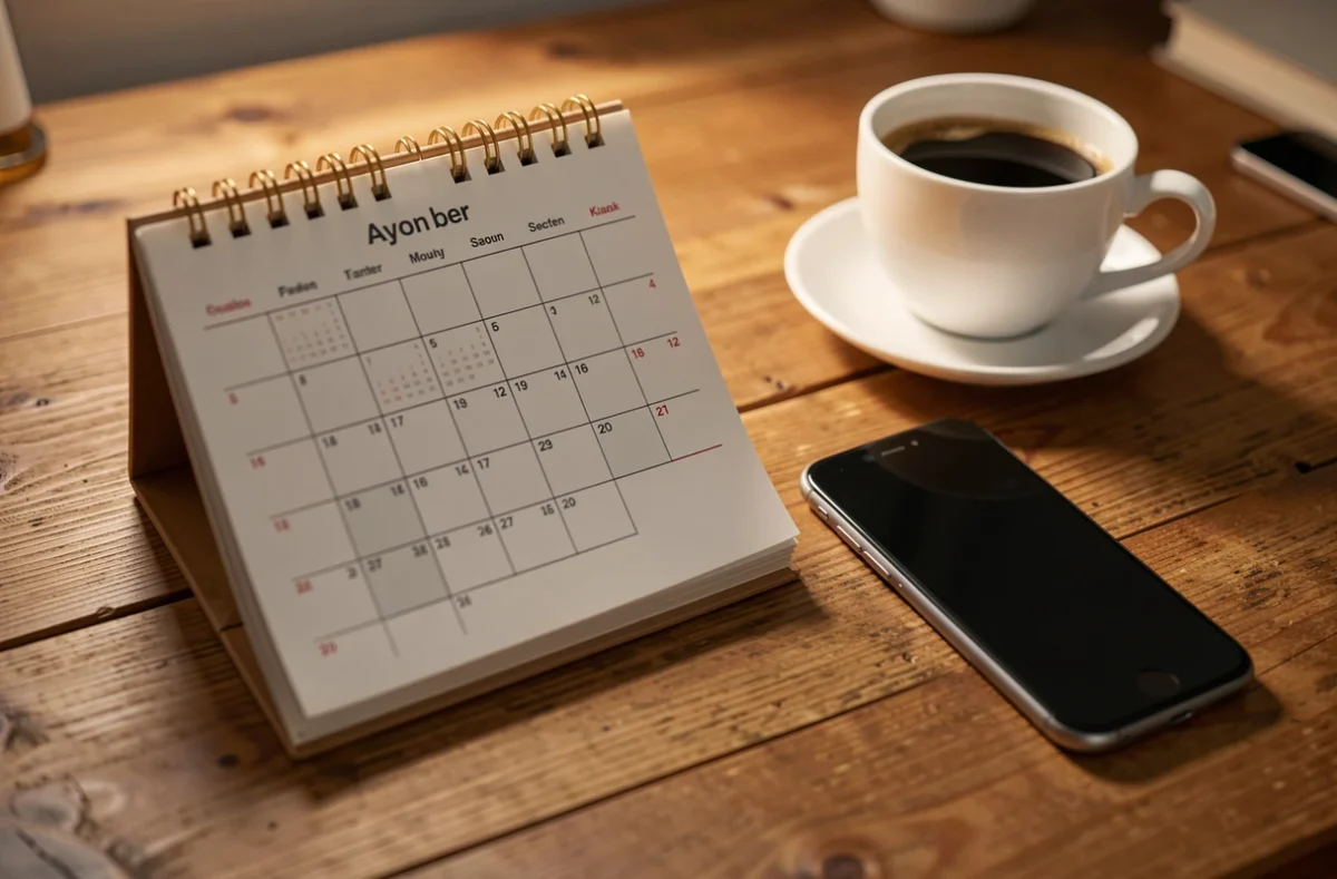 Calendrier et téléphone posés sur un bureau pour suivre un délai