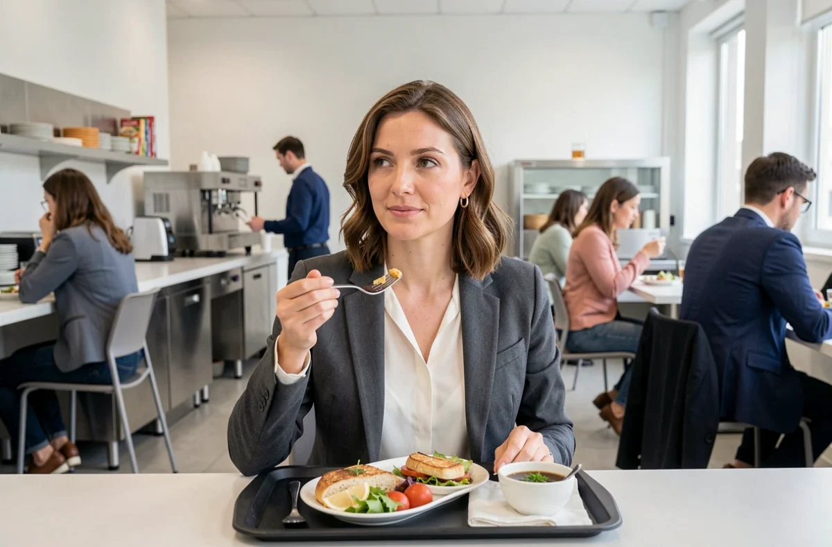 Femme déjeunant à la cantine d'entreprise dans le contexte de la réforme fiscale sur les repas 2026