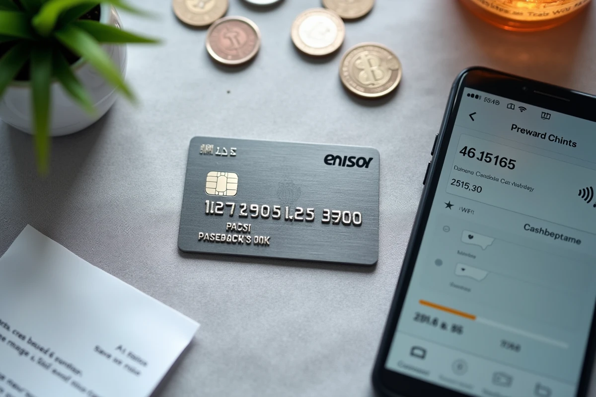 Vue aérienne d'une carte de crédit premium entourée de pièces en euros et d'un reçu illustrant le fonctionnement du cashback
