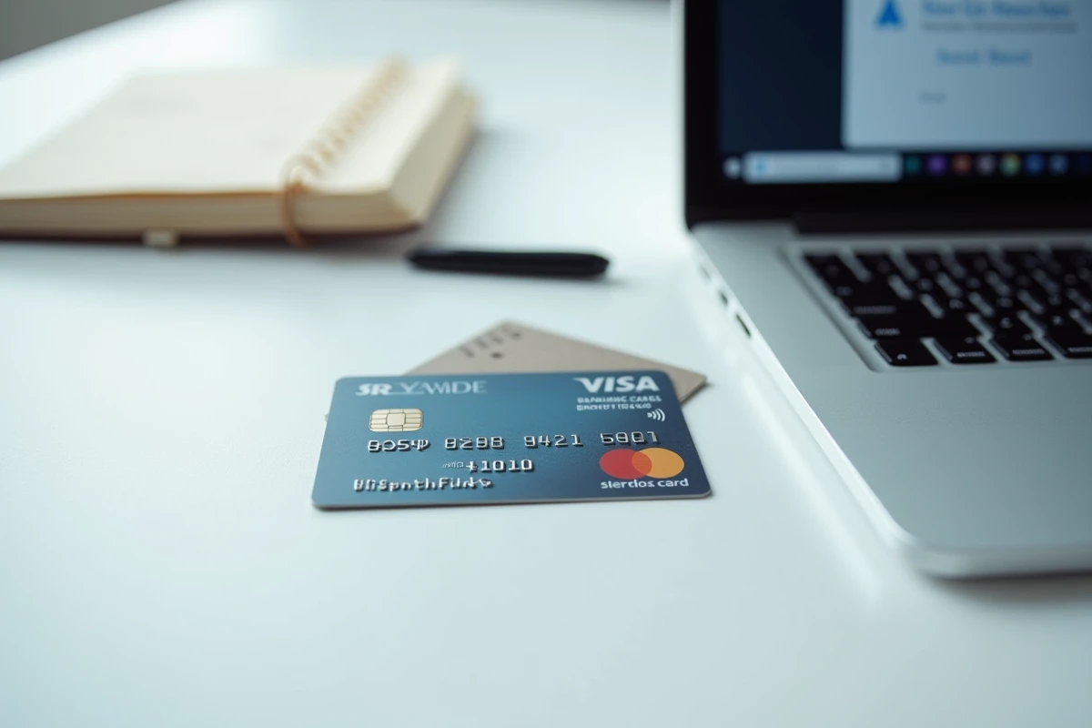 Carte bancaire mise en opposition posée à côté d'un ordinateur affichant une erreur de virement en ligne