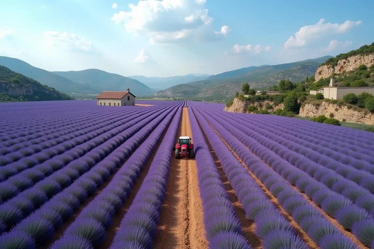 Vue aérienne d'un grand champ de lavande en Provence illustrant une culture agricole rentable à l'hectare