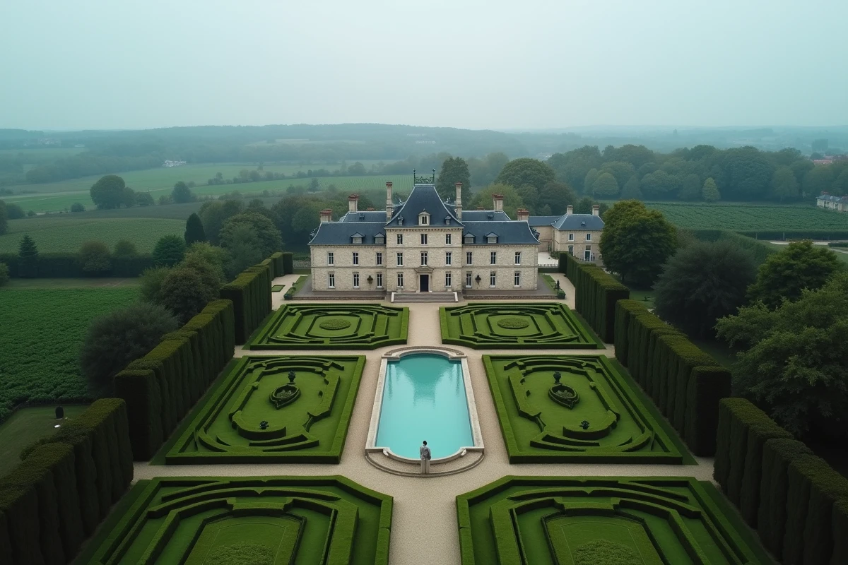 Vue aérienne d'un château français du XIXe siècle entouré de jardins à la française et de vignobles, symbole du patrimoine immobilier de la fortune Rothschild