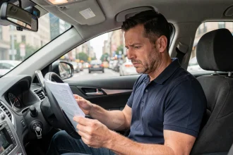 Chauffeur de taxi masculin étudiant des documents relatifs au prix d'une licence taxi dans son véhicule