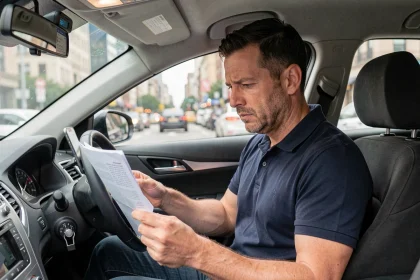 Chauffeur de taxi masculin étudiant des documents relatifs au prix d'une licence taxi dans son véhicule